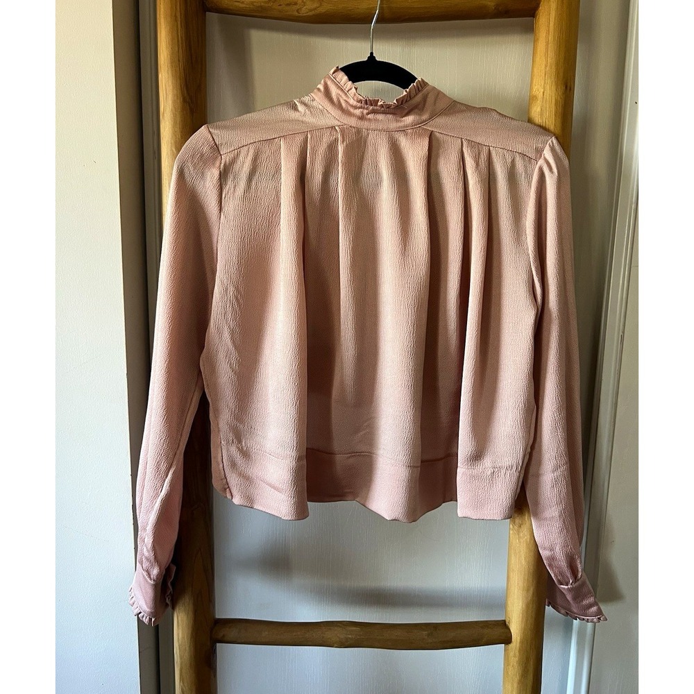 ontWealth Women's Pink Solid Woven Button-Front Mock Neck Blouse Long Sleeve S